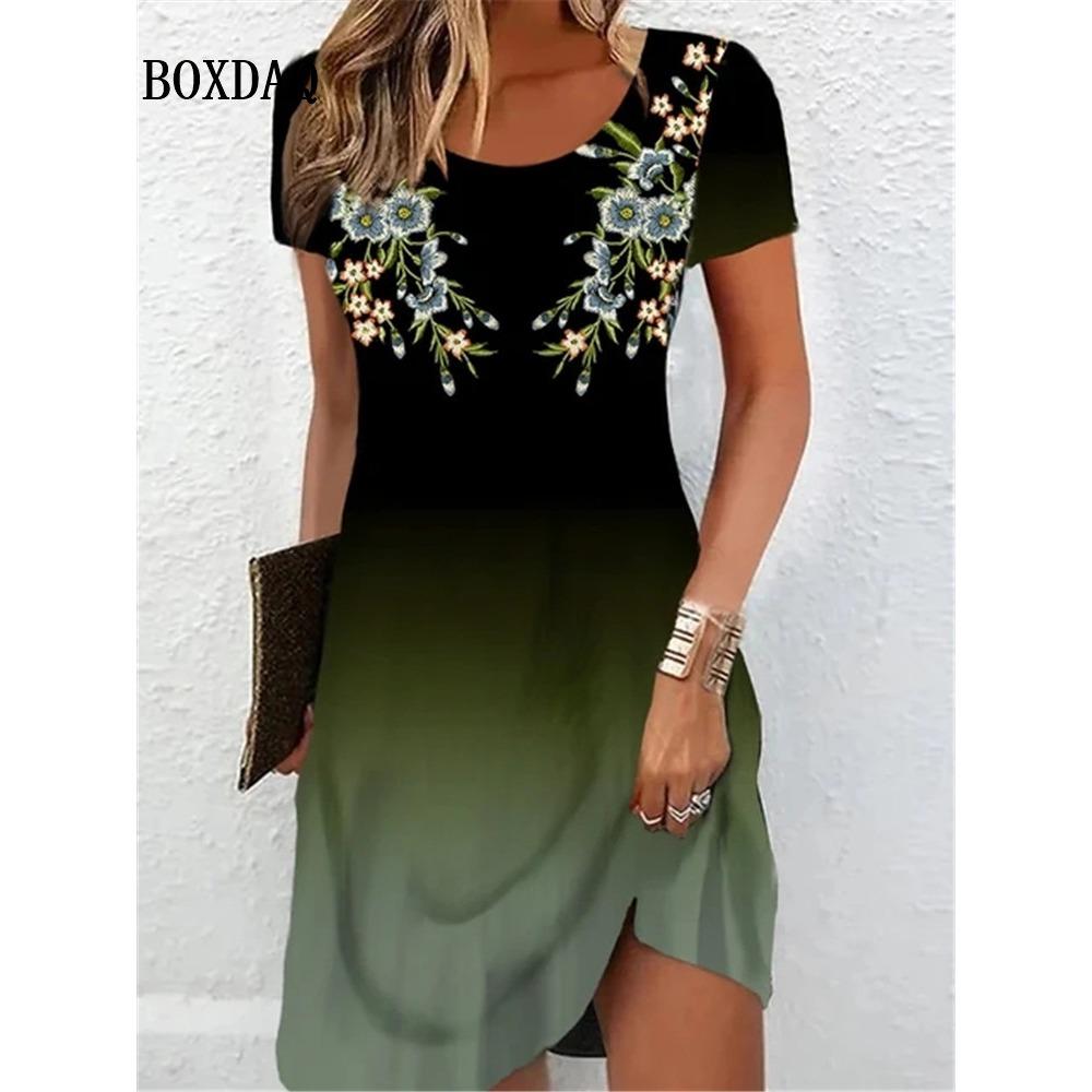 2026 New Fashion Women's Summer Short-sleeved Dress Gradient Floral Print Elegant Loose Casual Round Neck Dress
