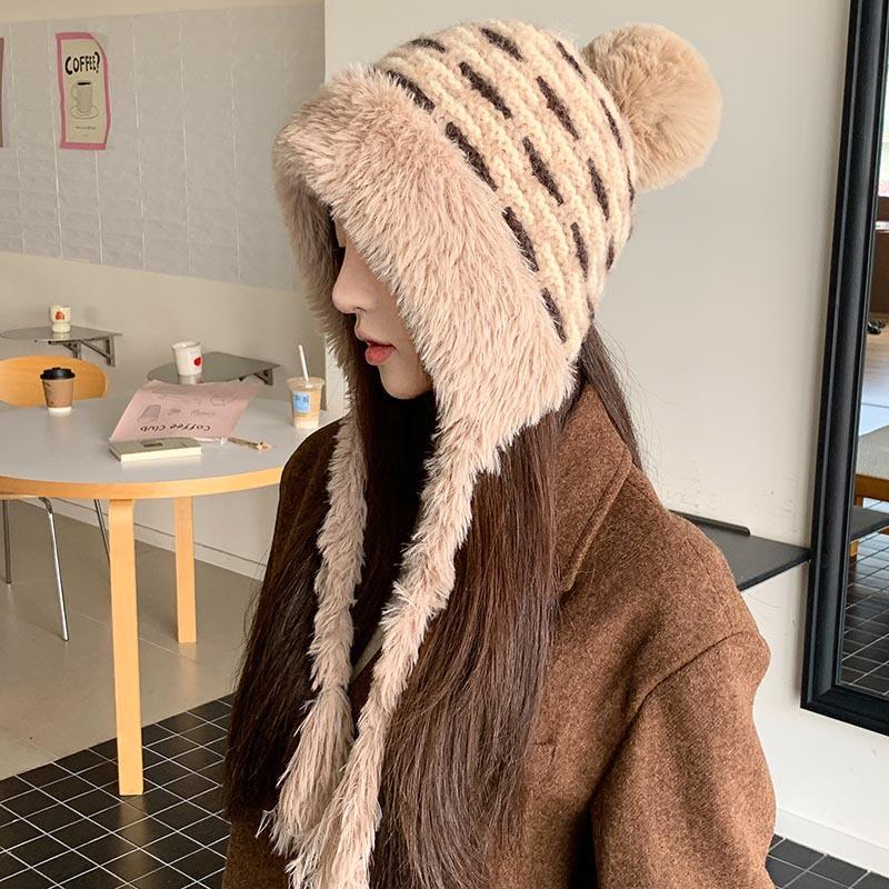Retro striped fleece ear protector wool hat women's winter thickened plush Lei Feng hat outdoor cold-proof lace-up knitted hat tide