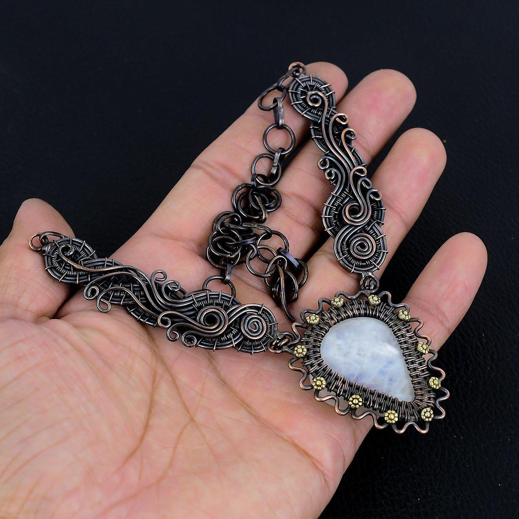 Rainbow Moonstone Necklace Gemstone Jewelry, 999 Copper Wire Wrapped Necklace, Adjustable Handmade Beautiful Jewelry Chain Necklace