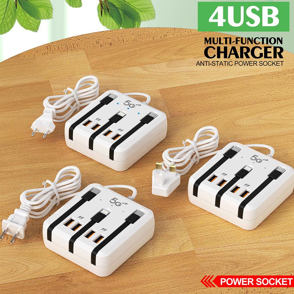 Încărcător USB cu încărcare rapidă, 66W, 4 porturi, pentru călătorie, cu priză, adaptor de cablu tip C pentru iPhone 14 15, Xiaomi, Samsung