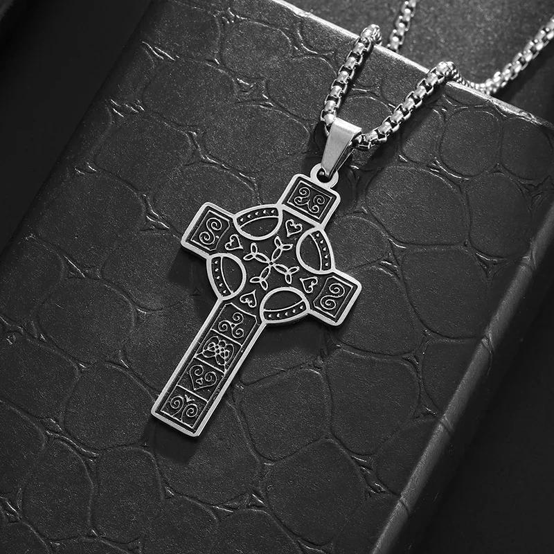 Stainless Steel Irish Celtic Knot Cross Pendant Necklace for Men Women Fashion Lucky Amulet Jewelry