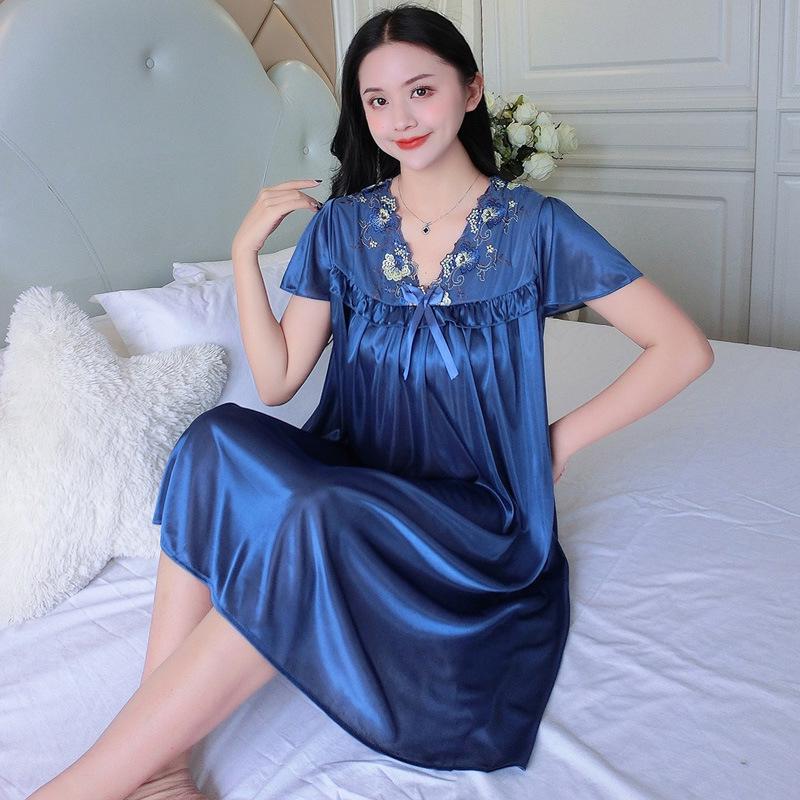 Plus Size Ice Silk Lace Nightgown - Women's Short Sleeve Summer Lingerie with Swing Skirt