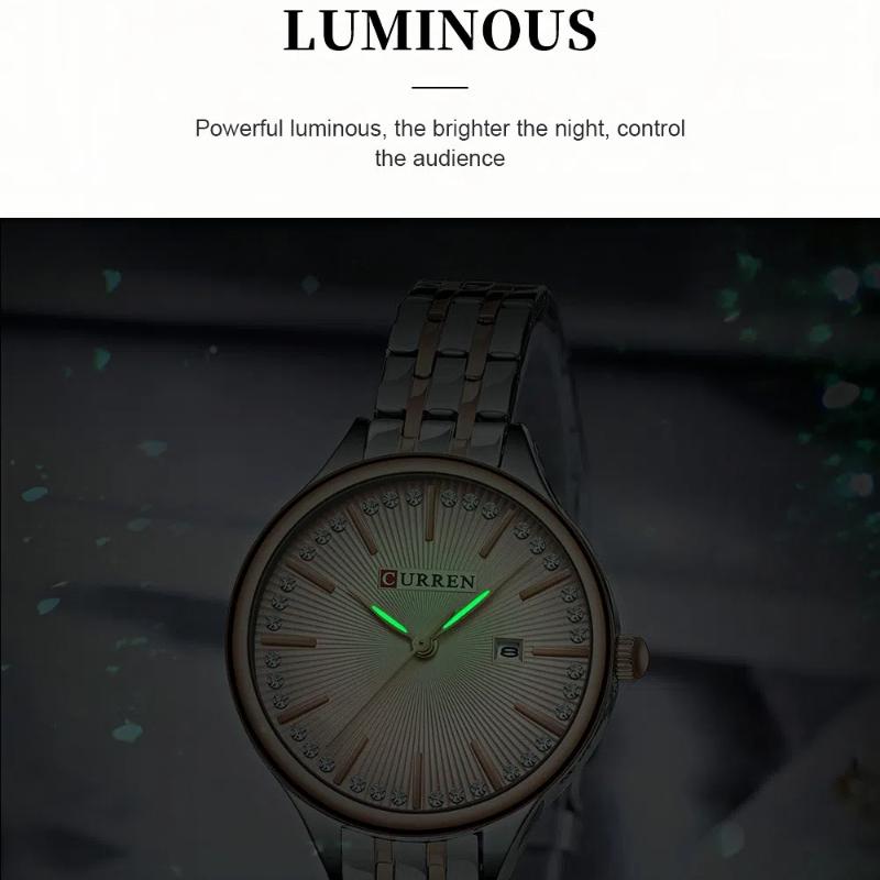 CURREN-Ladies' Luxury Rhinestone Inlaid Fashionable Business Quartz Watch Stainless Steel Simple Waterproof Luminous Calendar Watch
