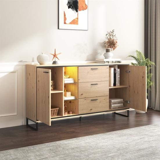 Kitchen Cabinet with Two Doors Three Drawers Wood Grain Metal Legs Wood Color Utility Pantry Dining Room