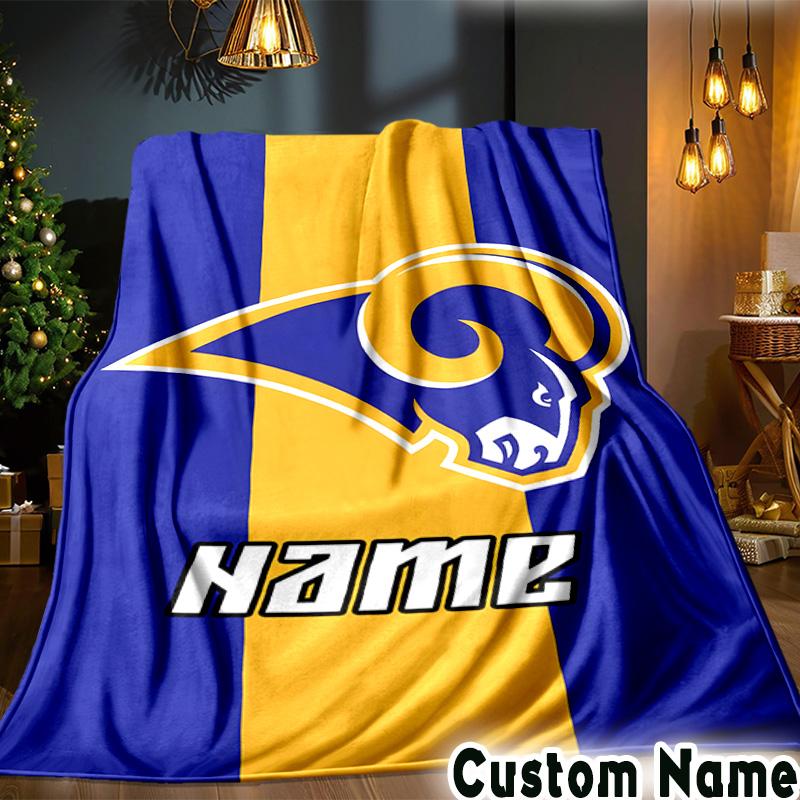 Custom Name Rams Team Spirit Throws Blanket Flannel Blankets for Couch Bed Gifts for Men Women Picnic blanket Christmas fan gifts