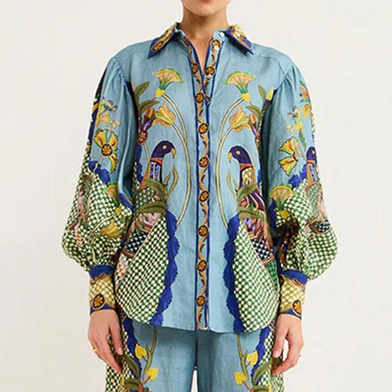 European & American Women's Graffiti Lapel Shirt and Long Sleeve Fashion Two-Piece Set
