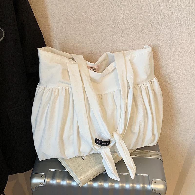 2025 Spring New Shoulder Bag Solid Color Cotton and Linen Large Capacity Tote Bag Pleated Sweet Lazy Wind Cloth Bag