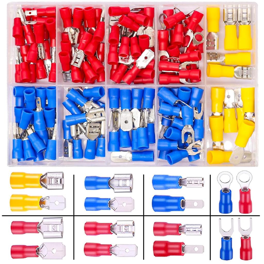 Twidec/Spade Crimp Connectors 2.8mm/4.8mm/6.3mm Male and Female Spade Connector Kit Includes Fork Ring Insulated Wire Connector 15 Types Crimp