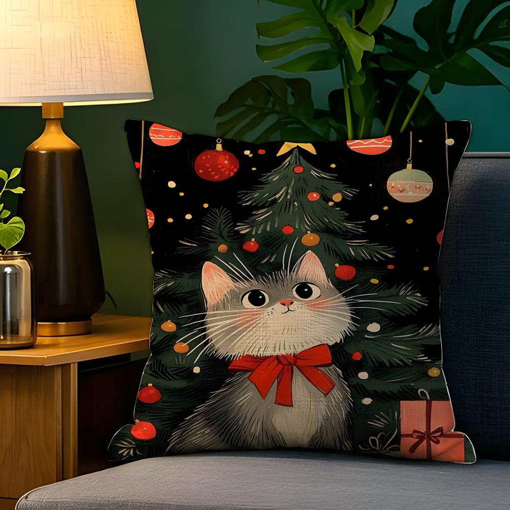 Cute Cat with a Red Hat Decoration Pillow Case Natural Linen Pillow Case DoubleSided Decor Sofa Pillowcase Home Decor