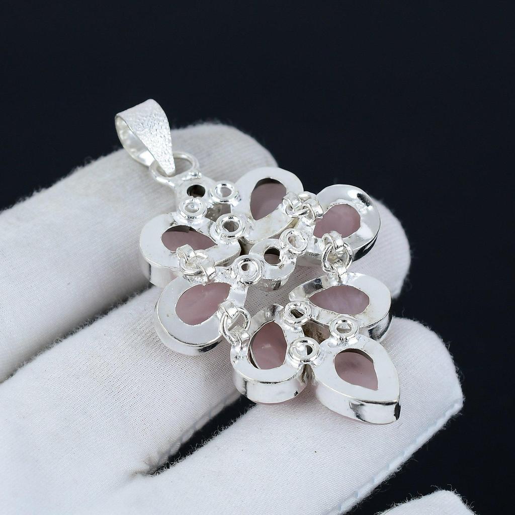 Natural Rose Quartz Moonstone Gemstone Pendant In 925 Sterling Silver - Handmade Flower Design, Perfect for Gifts, and Everyday Wear Jewelry Gifts