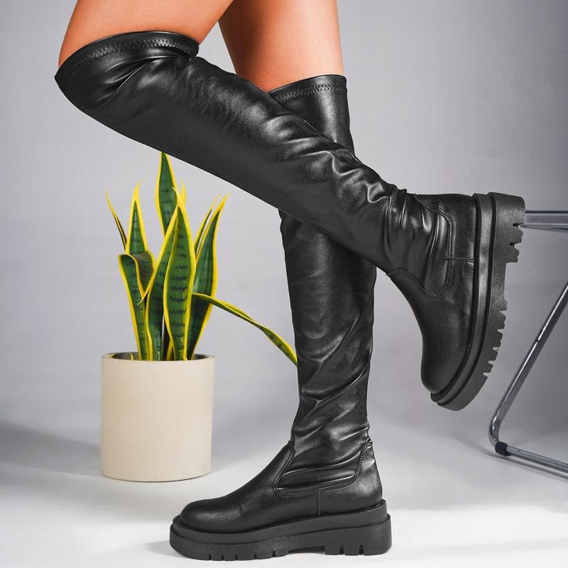 Plus-size Shoes, Knee-length Thick-soled Long Boots, Round-toe Slimming High-top Elastic Boots, Women's Shoes