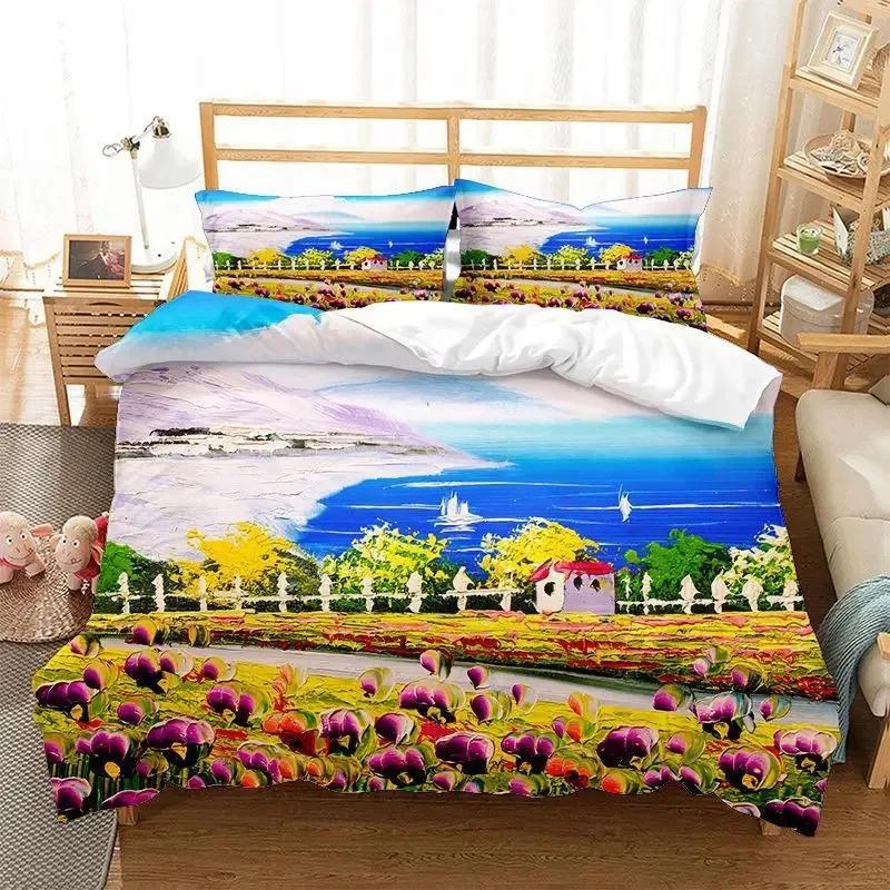 Oil Painting Landscape Duvet Cover King Queen Size Seaside Sunset Colorful Painted Style Art Print Polyester Comforter Cover