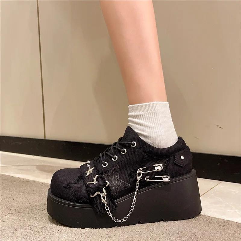 Fashion Women Autumn Chunky Sneakers Trainers Platform Shoes 6CM Heels Outdoor Sport Dad Shoes Puck Metal Chain Leather Casual Shoes