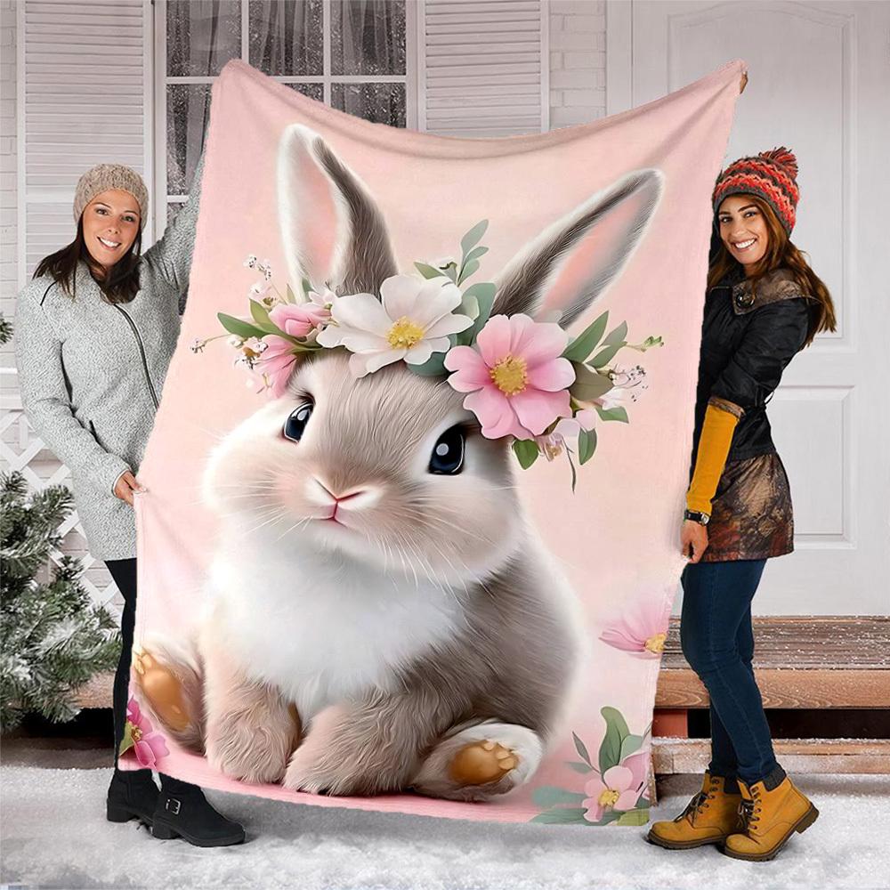 1pc Floral Bunny Ears Outdoor Flannel Blanket , Machine Washable Perfect Gift for Birthday , Holiday Travel Accessory , Durable Material