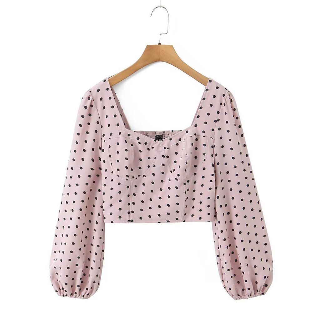 2025 Fashionable Women's French Chic Polka Dot Square Neck Top with Puff Sleeves