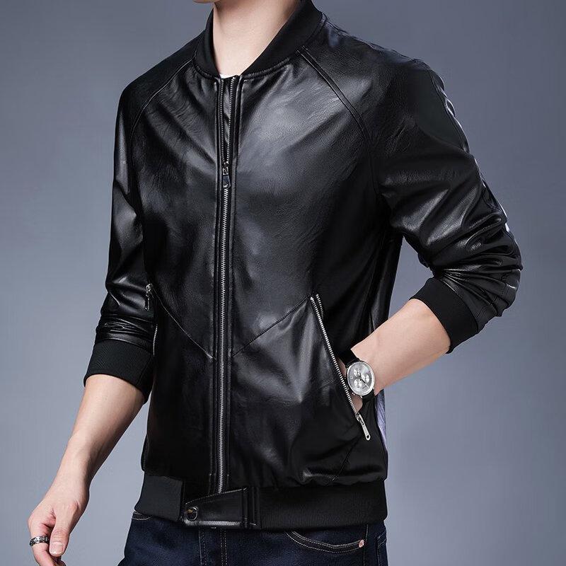 ROMON Men's Slim-fit Baseball Collar Faux Leather Jacket