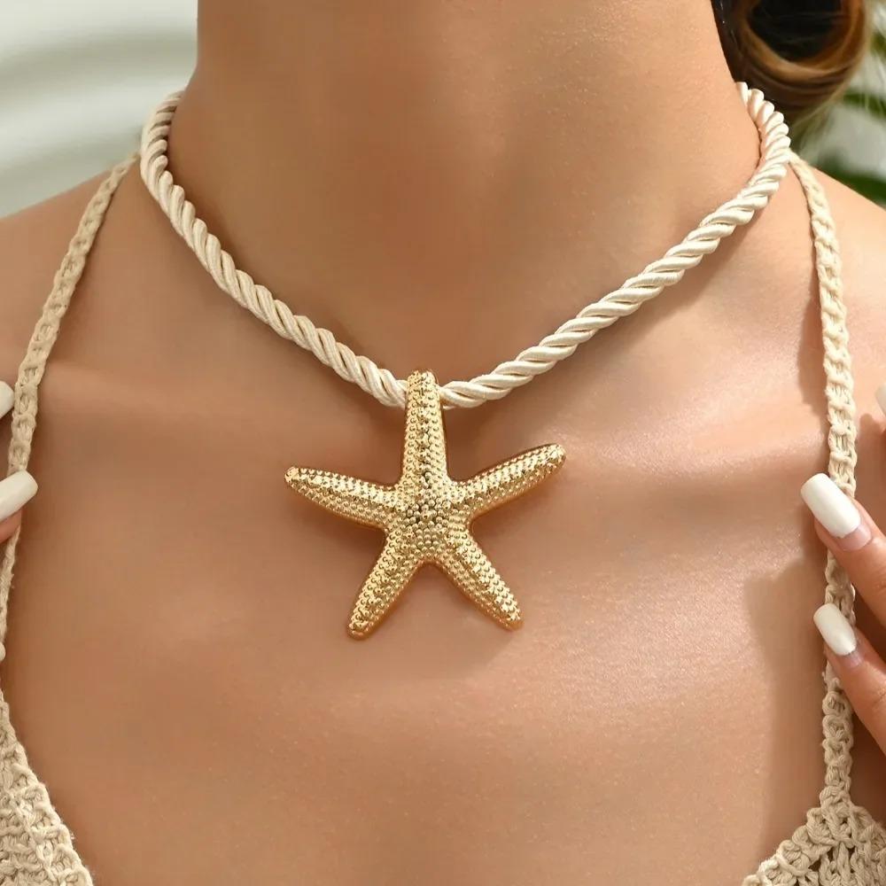 Women's Boho Starfish Pendant Necklace, Long Woven Rope Chain, All-Season Fashion Jewelry for Daily & Beach Vacation Wear