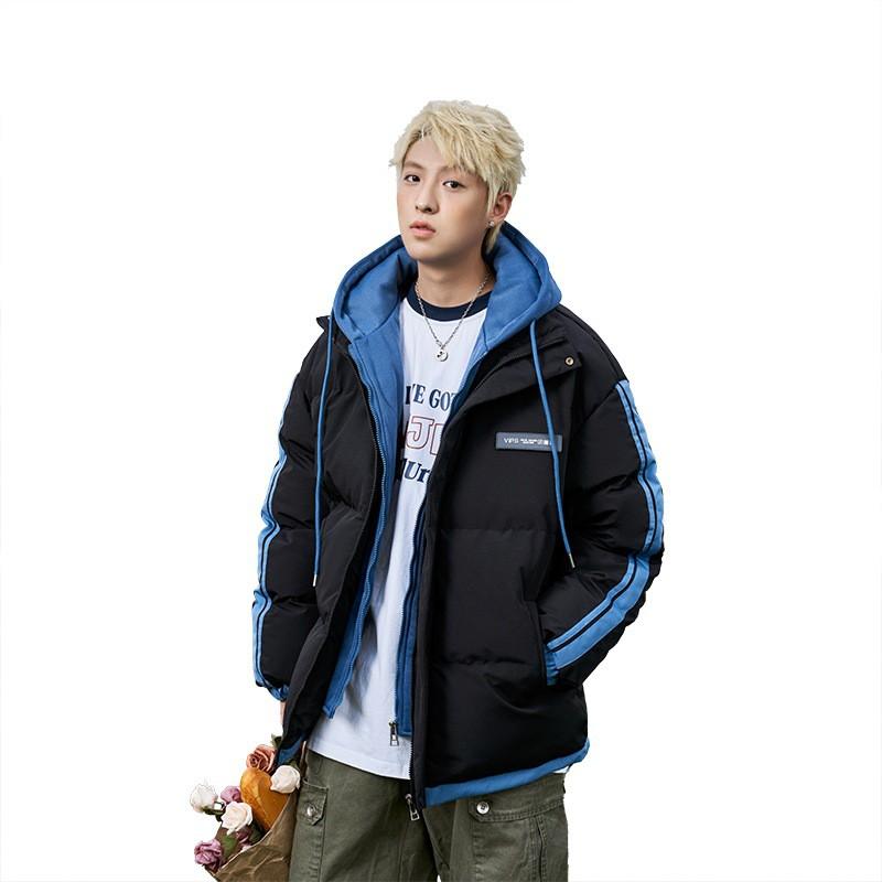 Mens Striped Color Block Outdoor Padded Jacket Warm Hooded Fake Two Piece Coat