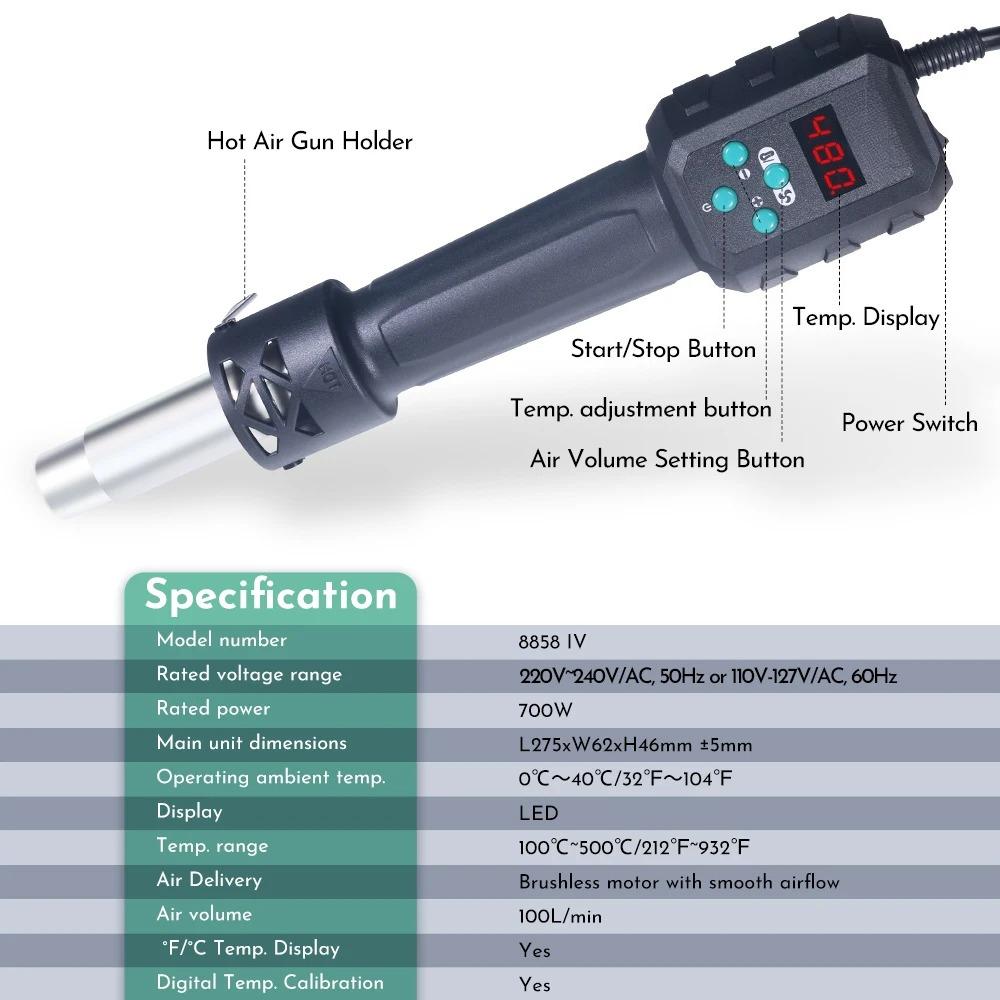 8858IV 700W C/F Temp Micro Hot Air Gun Adjusted Soldering Rework Welding Station LCD Digital Heat Gun BGA IC Solder Tools