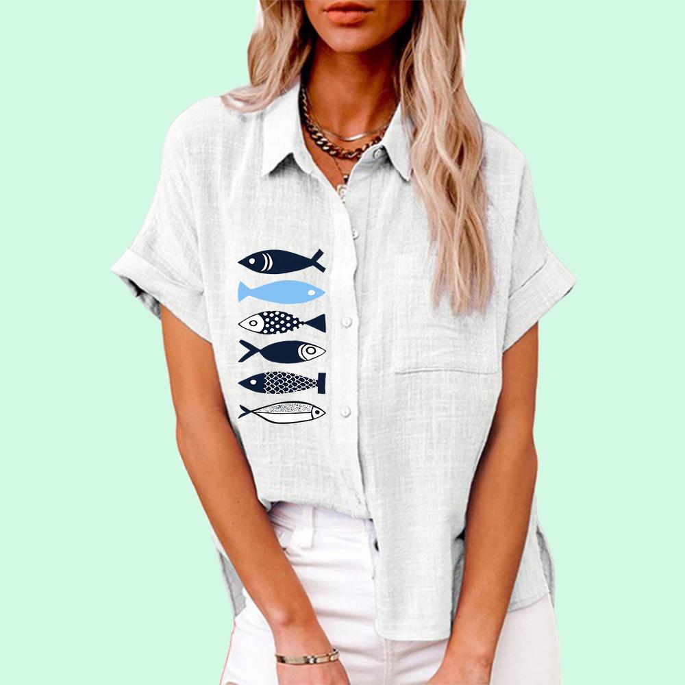 Tricou cu imprimeu de pește la modă pentru femei, ocazional de vară și toamnă, tricou cu guler cu rever, bluze de in cu mânecă scurtă, cu buzunar