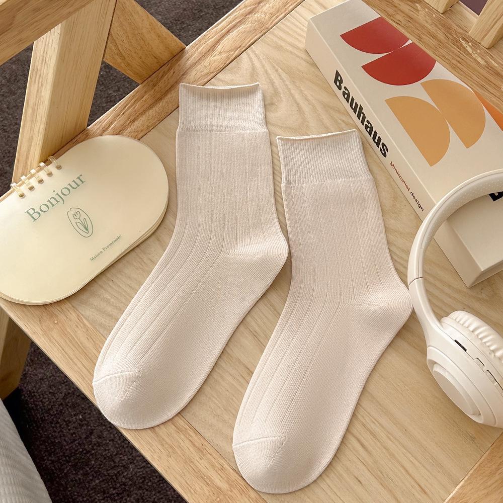 Women's Autumn and Winter Thick Pile Socks, Pure Cotton Mid-calf Long Socks, Versatile Autumn White Loose Cotton Socks for Women