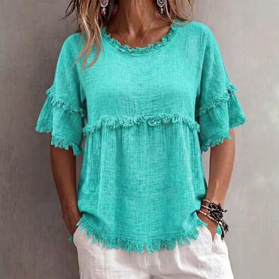 Blusa Vintage Rotonda con Maniche Corte e Texture Frangiata, Top Estivi Casual da Donna, Stile Europeo Americano