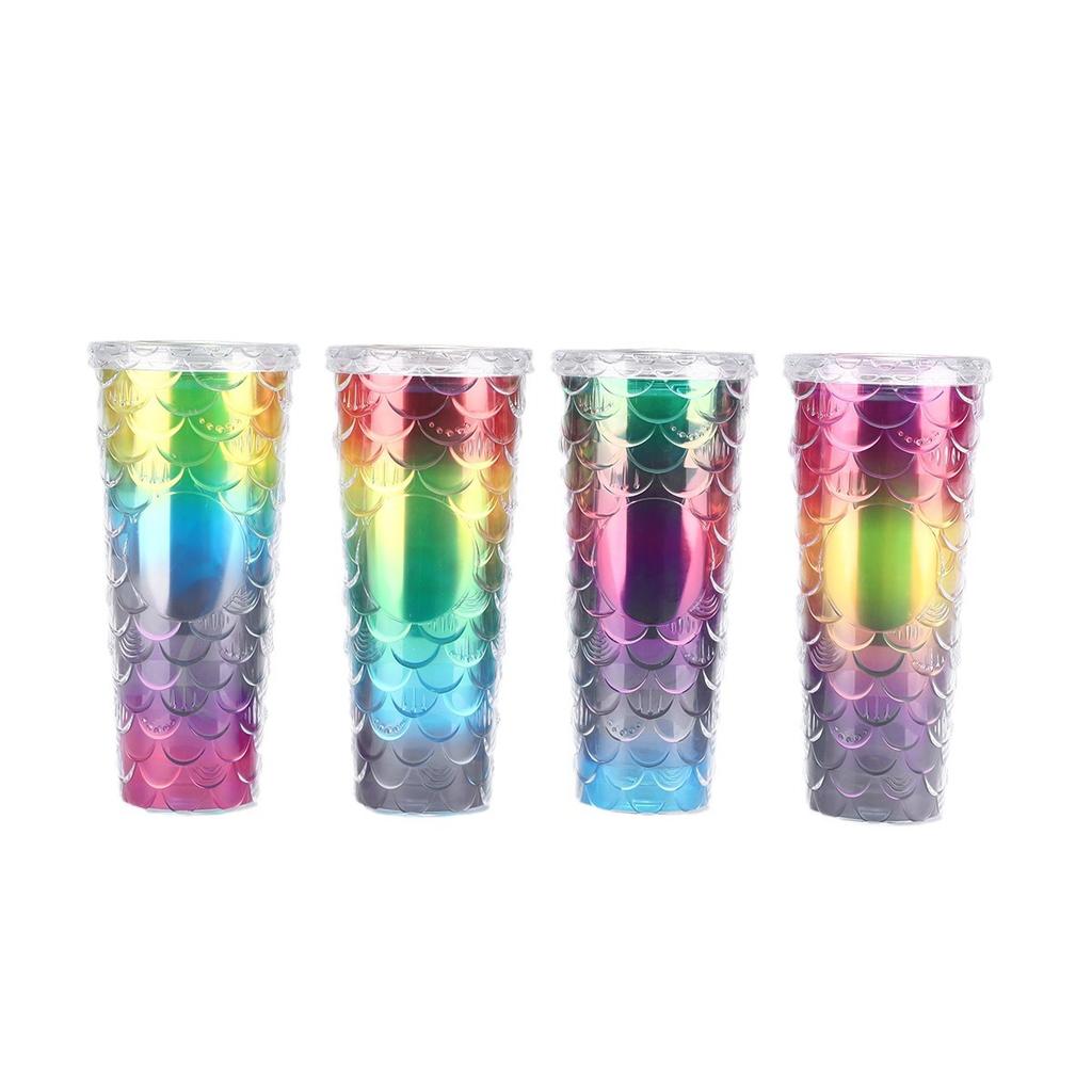 Water Bottle Creative Large Capacity Double Layer Plastic Cup Colorful Gradual Change Fish Scale Cup Office Household Cup Portable