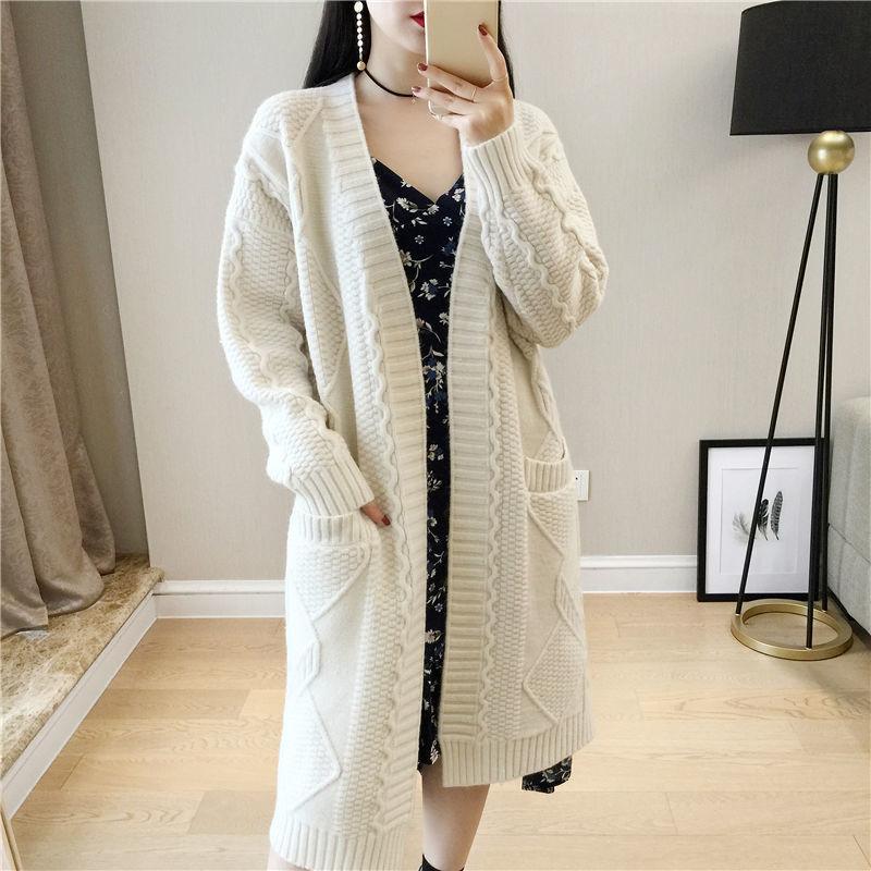 Loose V-neck Mid-length Knitted Cardigan for Women Diamond-shaped Twisted Sweater Coat Solid-color Casual Long-sleeved Cardigan