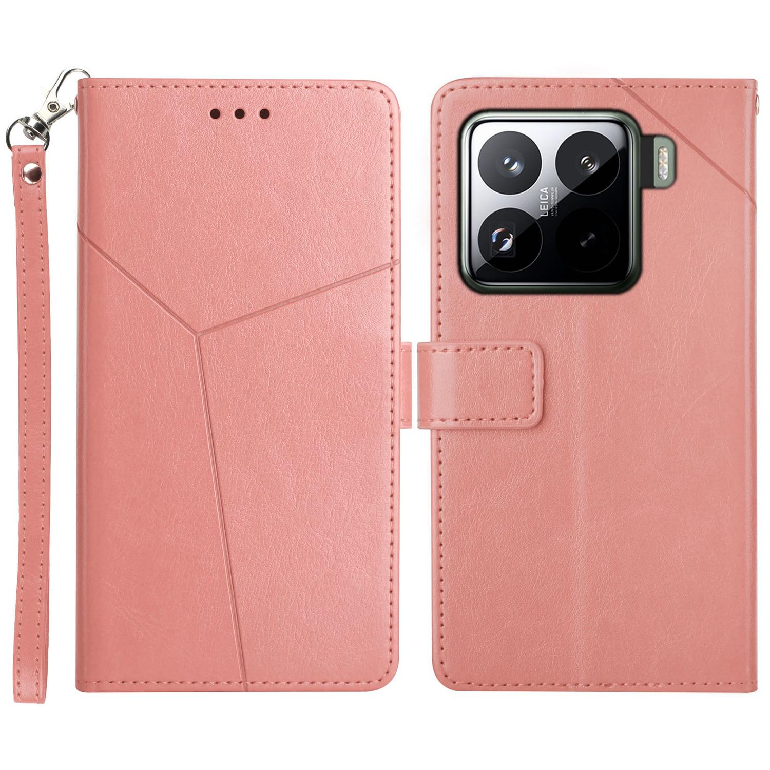 

For Xiaomi 15 Case with Wrist Strap Y Shaped Lines Imprint Leather Phone Cover Pink