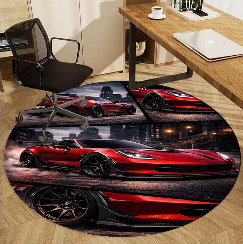 Chevrolet Corvette Desenli Yuvarlak Halı, İç/Dış Mekan Paspası, Piknik, Oyun Odası, Yatak Odası, Ofis, Oturma Odası, Ev Dekorasyonu Halısı, Doğum Günü Hediyesi