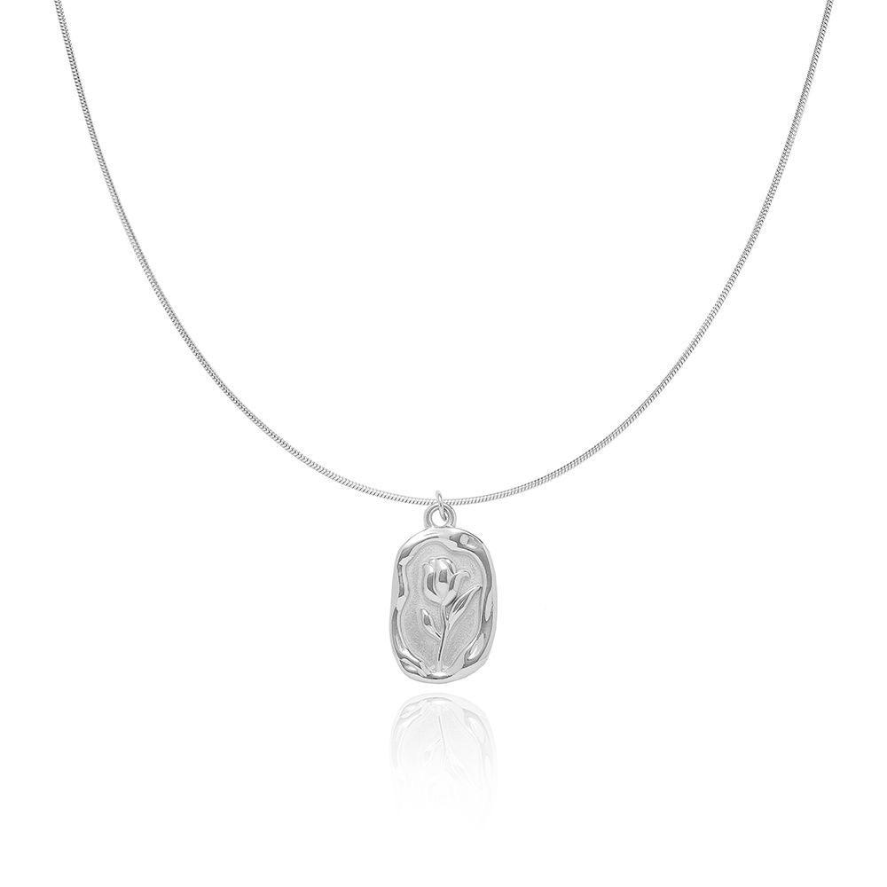 Fashion Ins Korean Version  Oval  Stainless Steel Flower Charm Pendant Necklace for Girls 41+6cm&necklace серебряный