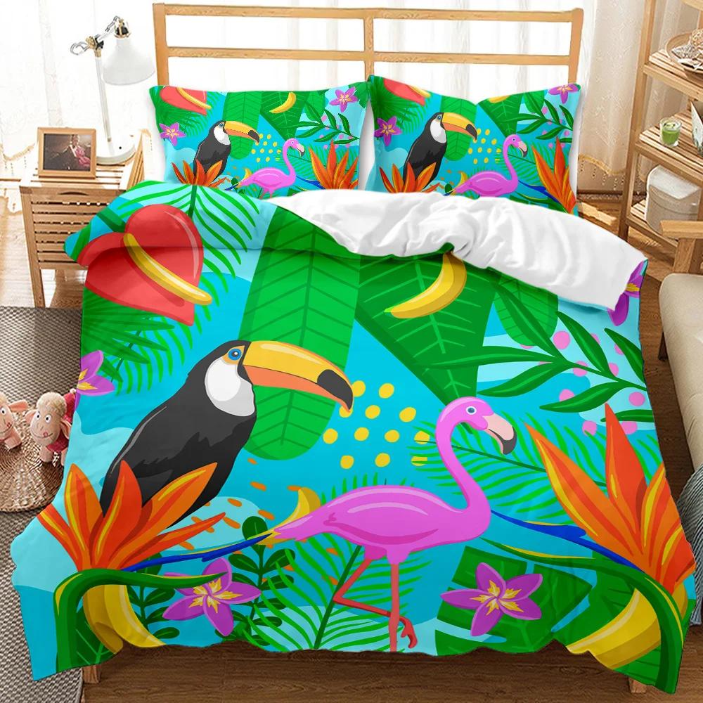 Flamingo Duvet Cover Couple Flamingo Palm Leaf Twin Bedding Set Tropical Botanical Leaves Summer King Size Polyester Quilt Cover