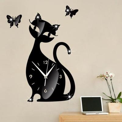 Digitální nástěnné hodiny Roztomilé kočičí zrcadlové nástěnné hodiny 3D samolepka Moderní designové hodiny Home Decor