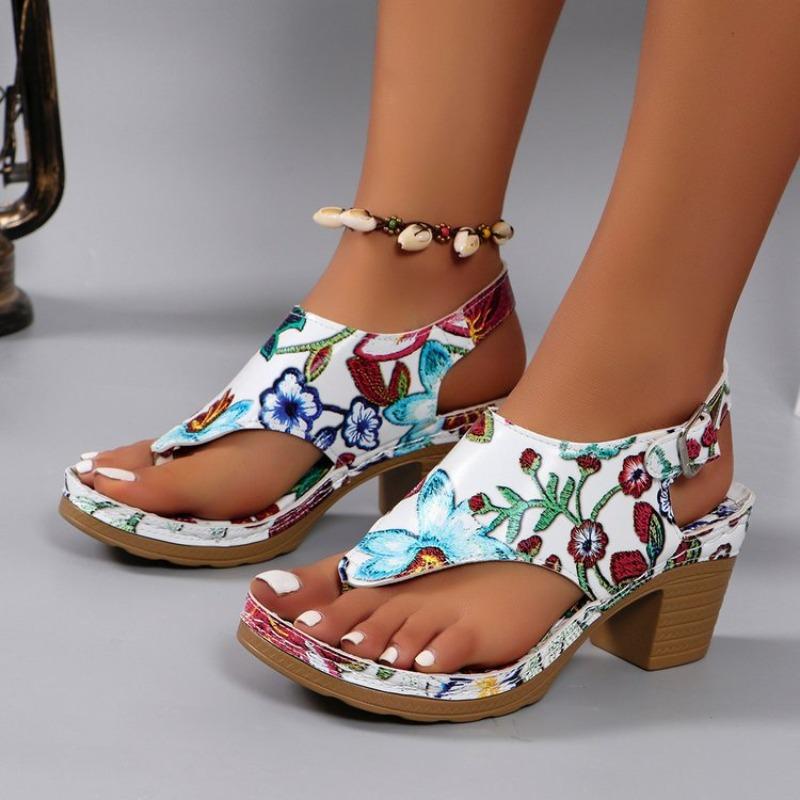 Large Size Medium Heel Printed Herringbone Sandals Women Wear High-heeled Sandals In Summer