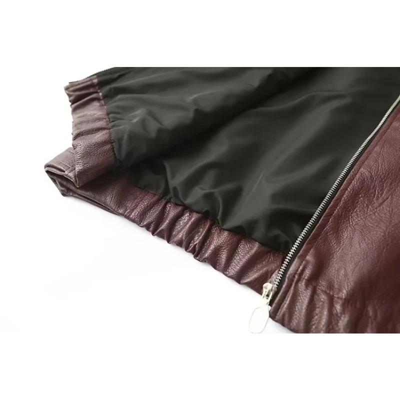 Vintage Solid Color Lapel Zipper Leather Outwear Casual Long Sleeved Elastic Short Women Coat Fall Commuting Street Jacket