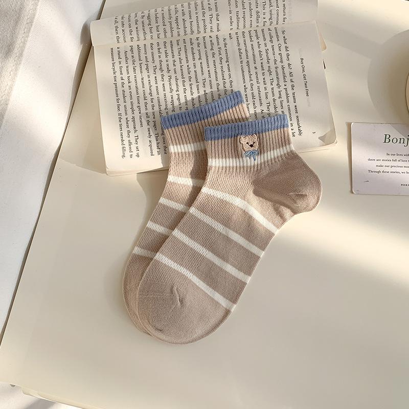 

Женские короткие носки в полоску с цветными блоками, весенне-летние, сетчатые, дышащие, хлопковые носки без косточек с медведем, женские короткие носки 1 pair хаки