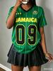 Maglia da Calcio Stile Giamaicano a Strisce con Lettere Stampate a Maniche Corte alla Moda Comoda Streetwear Estiva Maglietta da Donna Top Y2k