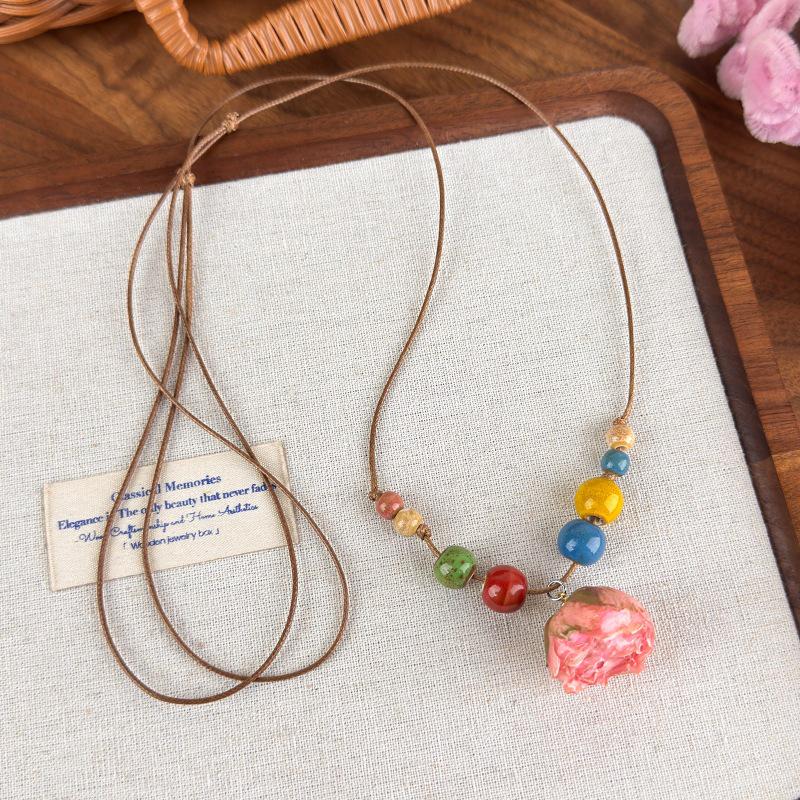 Retro Forest Ceramic & Colorful Beads Necklace with Dried Rose & Daisy Flowers - Artistic Long Collarbone Chain for Women