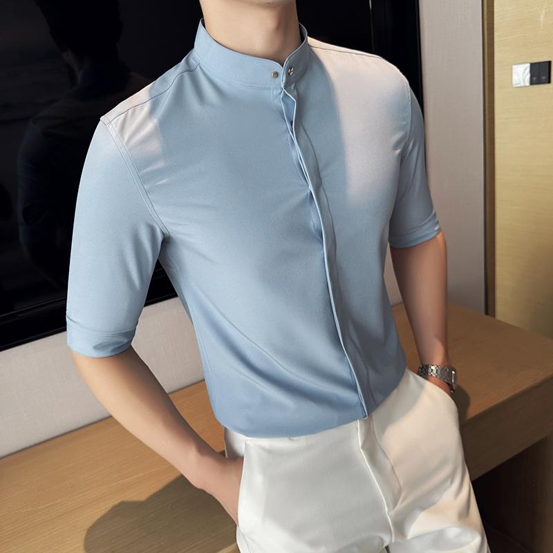 

Высококачественные металлические пуговицы, декорированные коротким рукавом, рубашки, летние мужские, облегающие, повседневные, социальные, деловые, блузки Homme 2XL светло-синий
