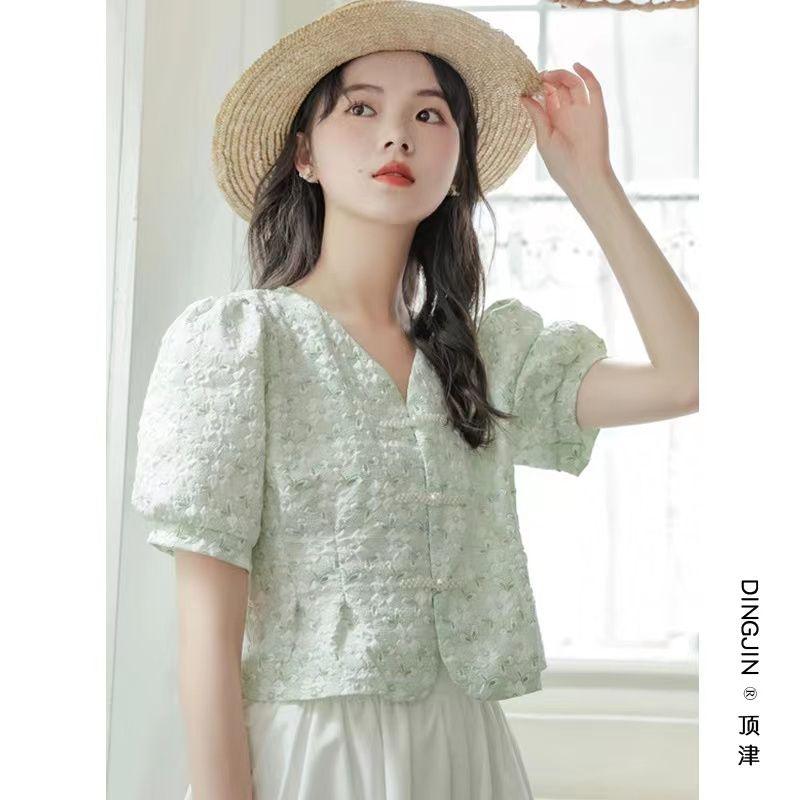 V-neck Top Short-sleeved Shirt for Women Summer New French Sweet Short Floral Top