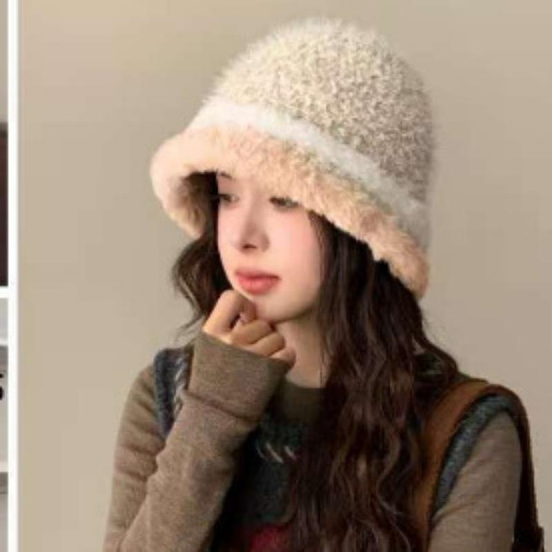 Mixed Color Plush Fisherman Hat for Women Warm Ear Protection  Face Friendly Small Basin Hat  Versatile Striped Knitted Bucket Hat