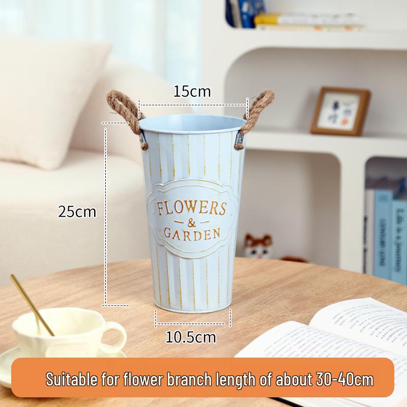 Retro Blue Iron Flower Bucket Floor Vase for Dried Flowers - Bud Awakening Tube