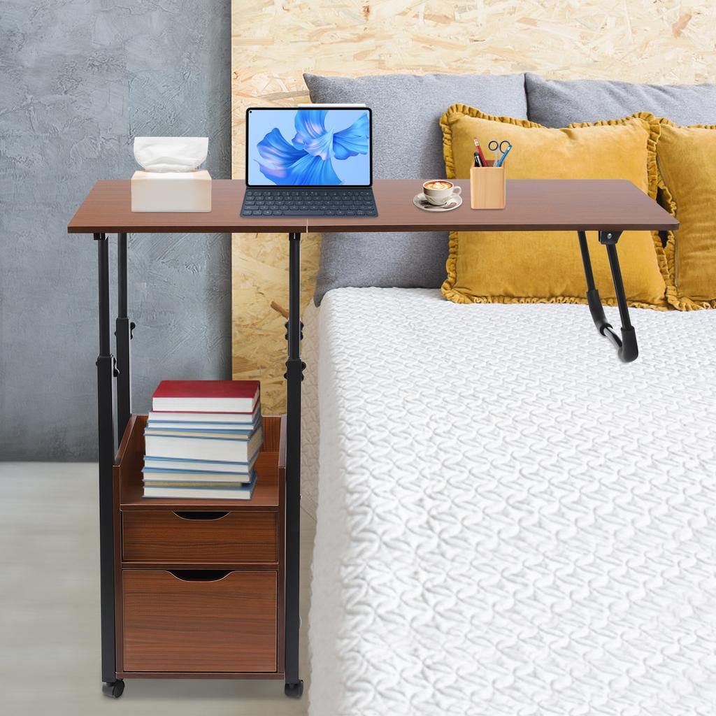 Overbed Table On Wheels, Movable & Adjustable Bedside Laptop Desk, Rolling Hospital Bed Tray W/ Storage Cabinet, Fits Over Couch