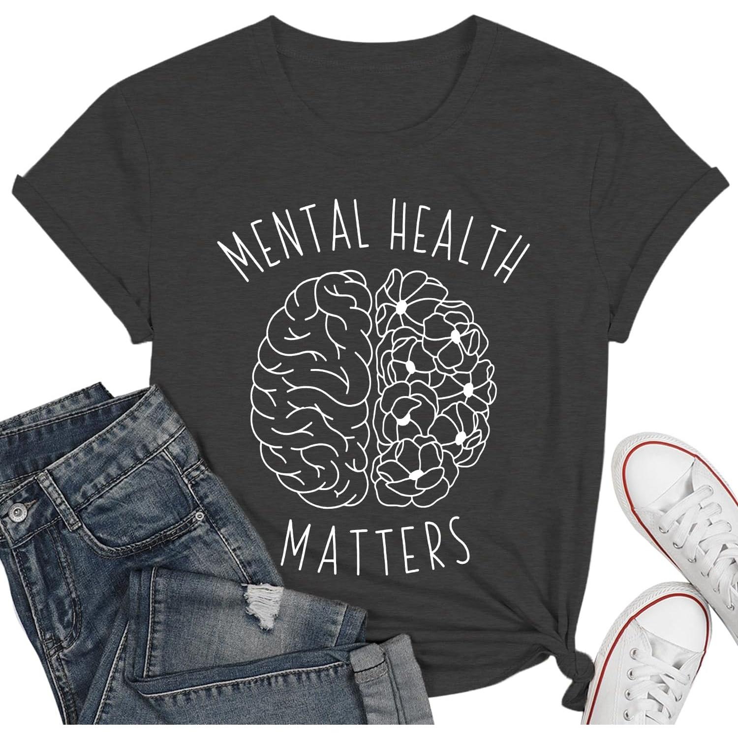 qdl Mental Health Matters Shirt Women Human Brain Illness Awareness Tshirts Therapist Psychologist Short Sleeve S чёрный