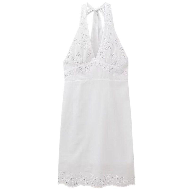 Fashion Style 2024 Summer New Arrival Women's Stylish Hanging Collar Embroider Poplin Dress Short Skirt 0881333