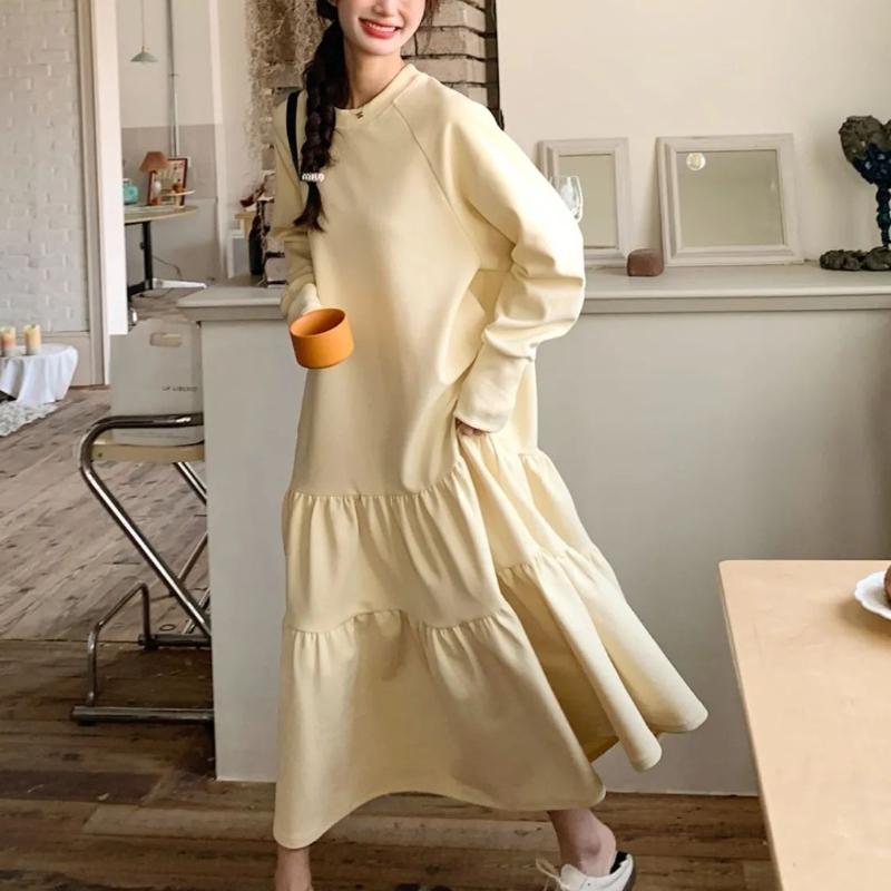 Ruffled Long Sleeve Long Dress Spring Autumn Loose Fit Tummy-Hiding Slimming A-Line Skirt