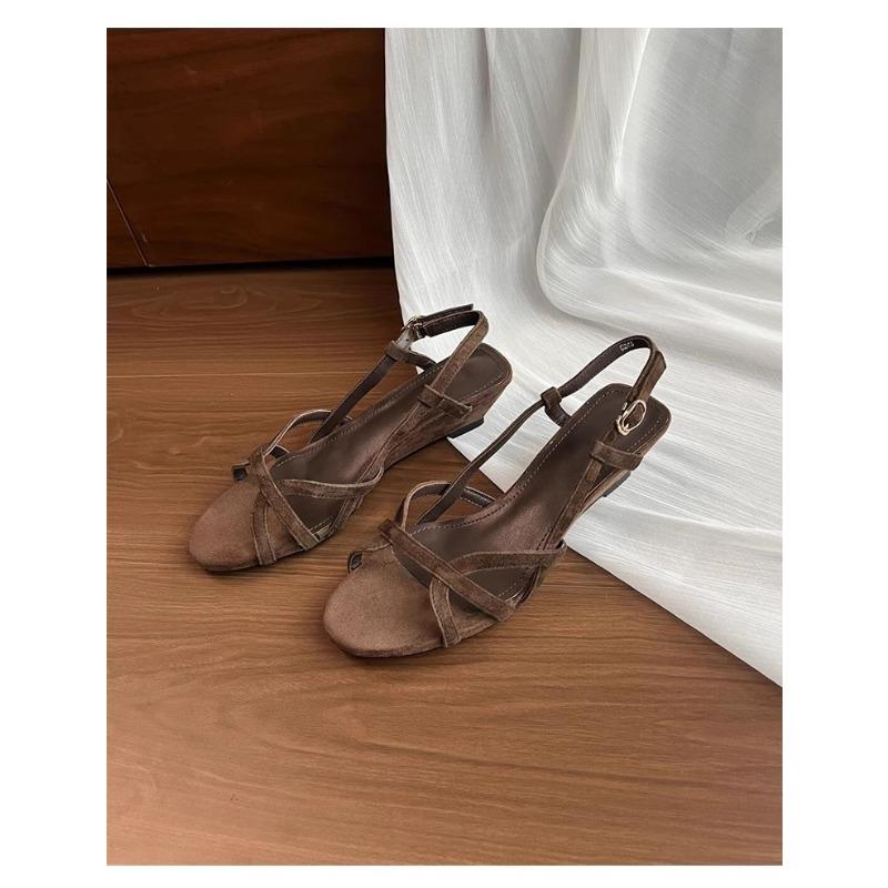 Fashion Summer 2025 Niche Design Simple Open Toe Round Toe Crossover Belt Wedge Sandals Women's Versatile Roman Sandals
