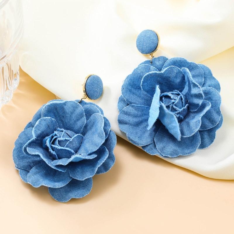 Orecchini Floreali Esagerati Fatti a Mano Orecchini Fiore di Rosa Eleganti Denims Fiori Orecchini Pendenti Gioiello Ornamento per Donne