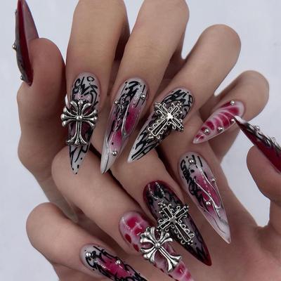 Unghii Presate de Lungime Medie cu Modele, Unghii Autocolante pentru Femei, Unghii Artificiale cu Lipici, Unghii False Abstracte pentru Decorare 24 buc Conține 1 ml de Lipici