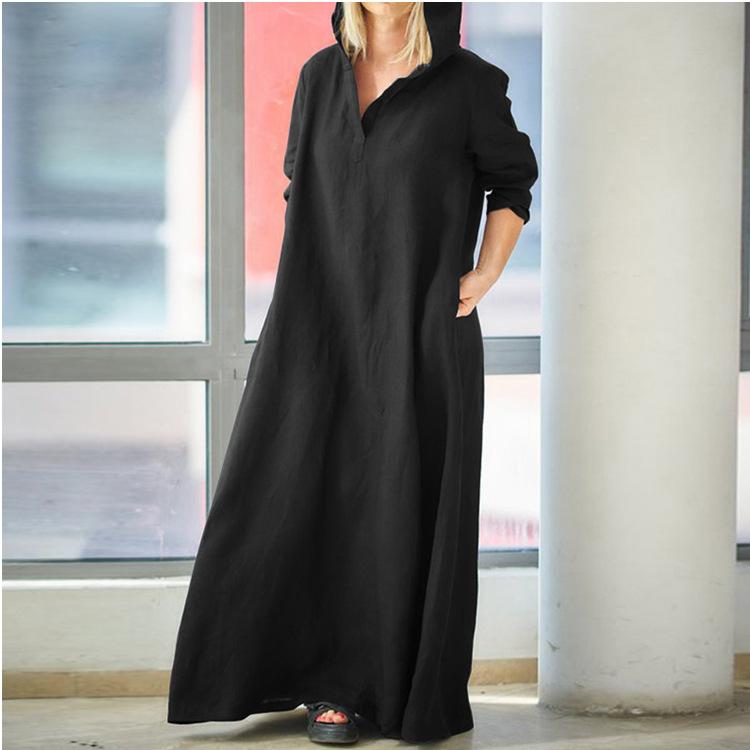 Women's Hooded V Neck Long Sleeve Linen Maxi Dress Loose Fit Solid Color Modest Abaya Kaftan